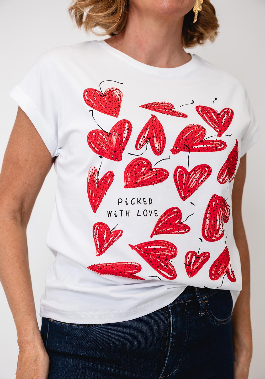 Serafina Collection Rhinestone Hearts T-Shirt, White
