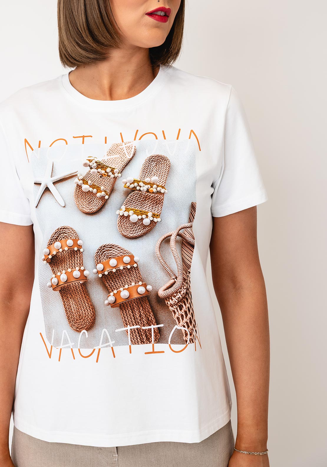 Serafina Shoe Graphic Print with Pearl Detail T-Shirt, White Multi