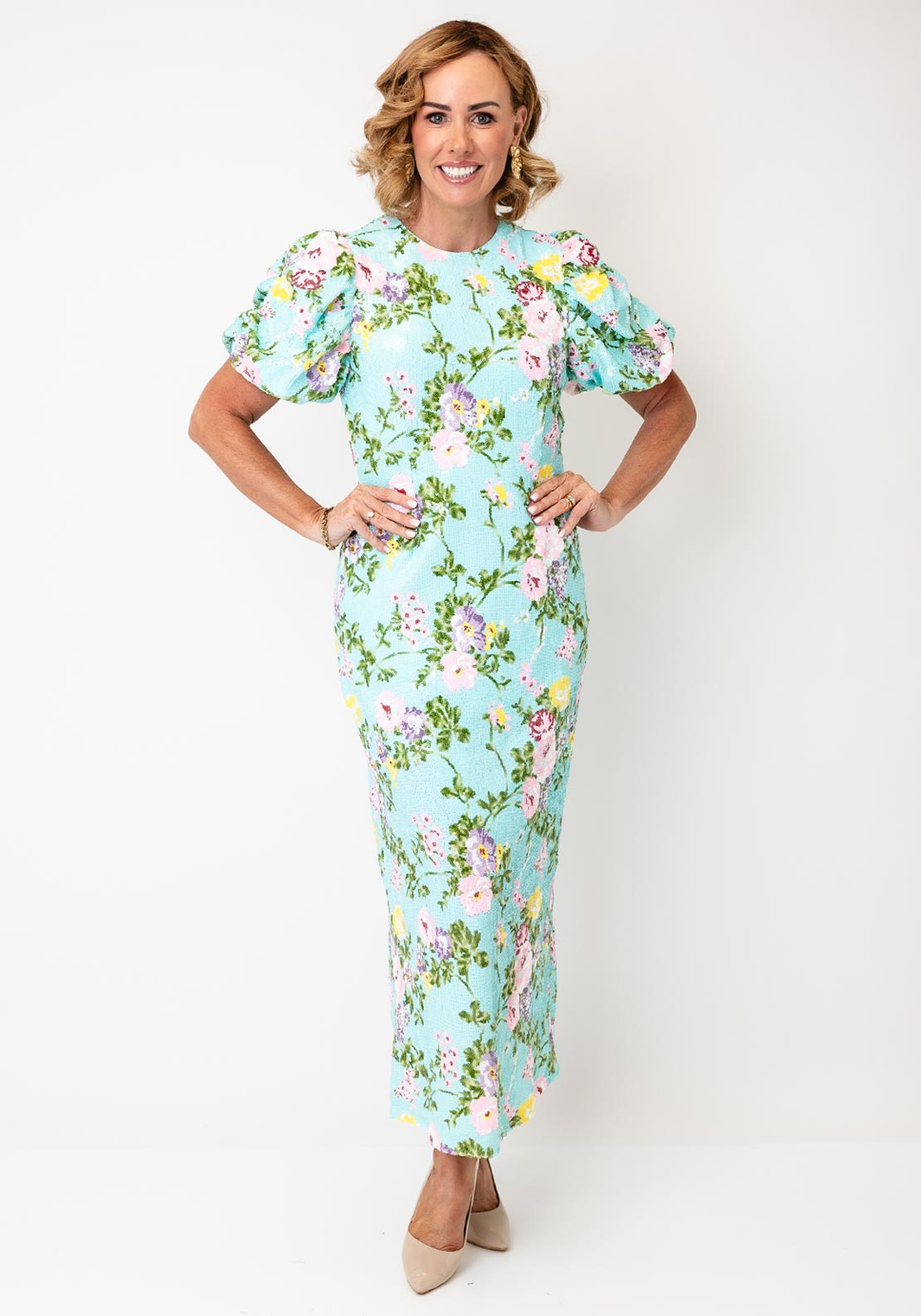 Sister Jane All-Over Sequin Floral Pattern Midi Dress, Turquoise Multi - McElhinneys Sister Jane All-Over Sequin Floral Pattern Midi Dress, Turquoise Multi - McElhinneys