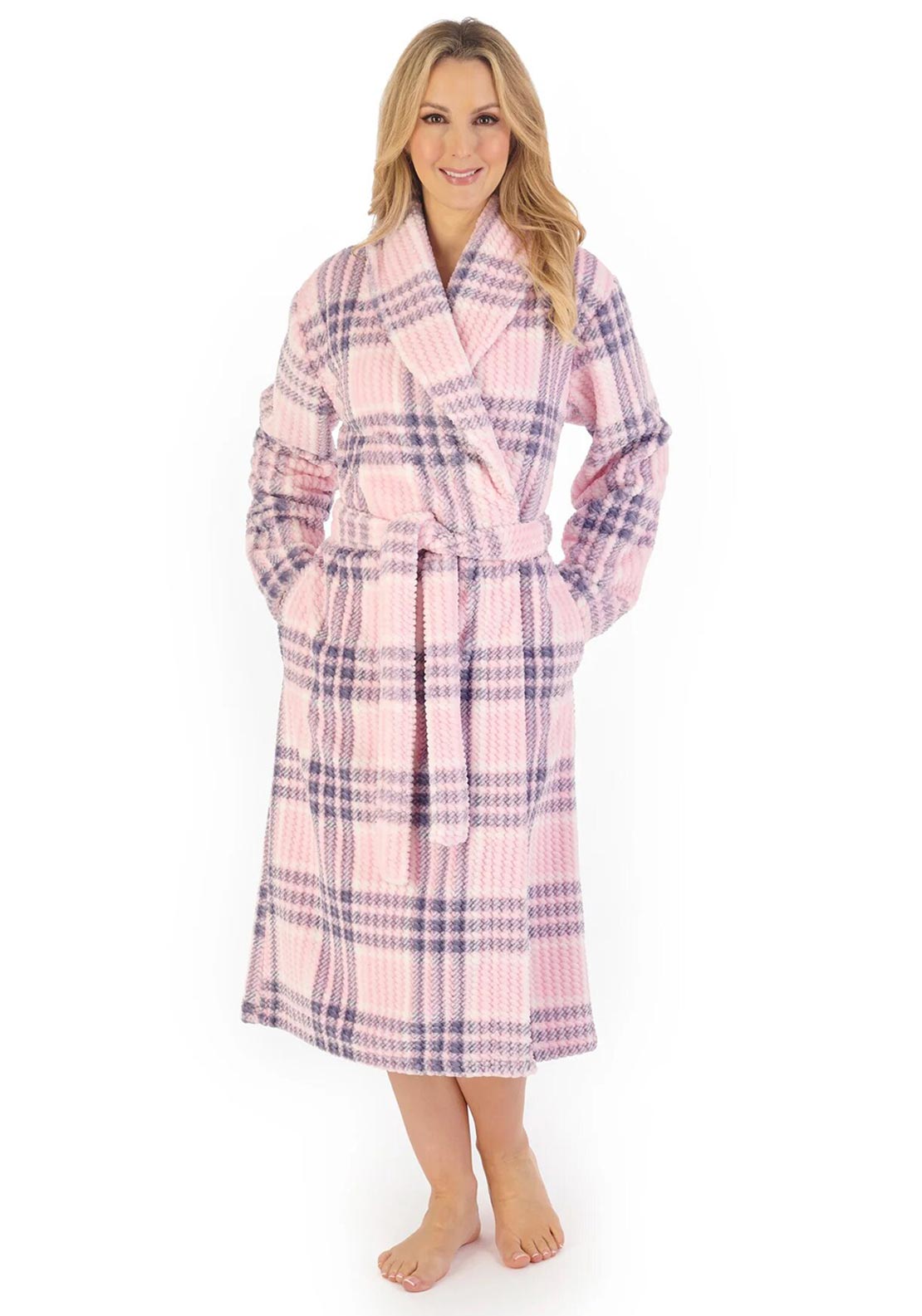 Slenderella Check Print Shawl Collar Dressing Gown, Pink