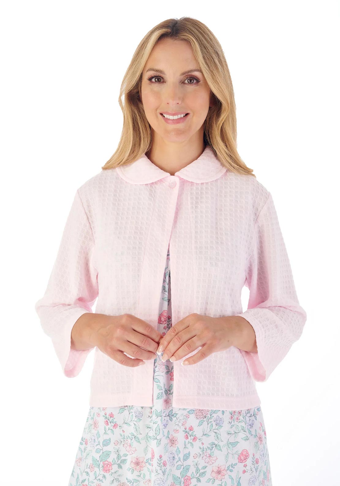 Slenderella Houndstooth Collar Bed Jacket, Pink