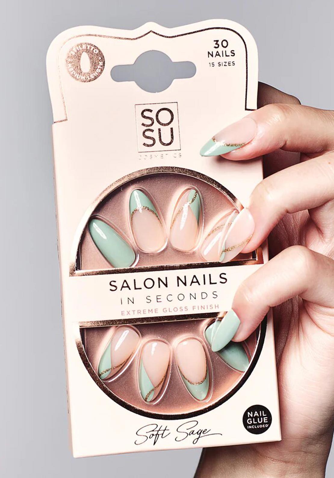 Sosu Glossy Medium Length Faux Nails, Soft Sage