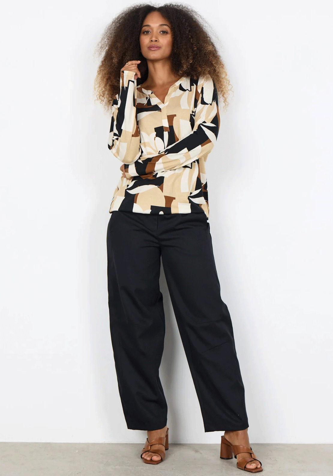 Soyaconcept Felicity Geometric Jersey Top, Beige