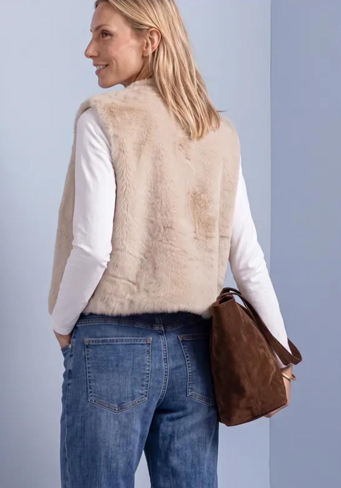 Street One Faux Fur Sleeveless Jacket, Light Beige