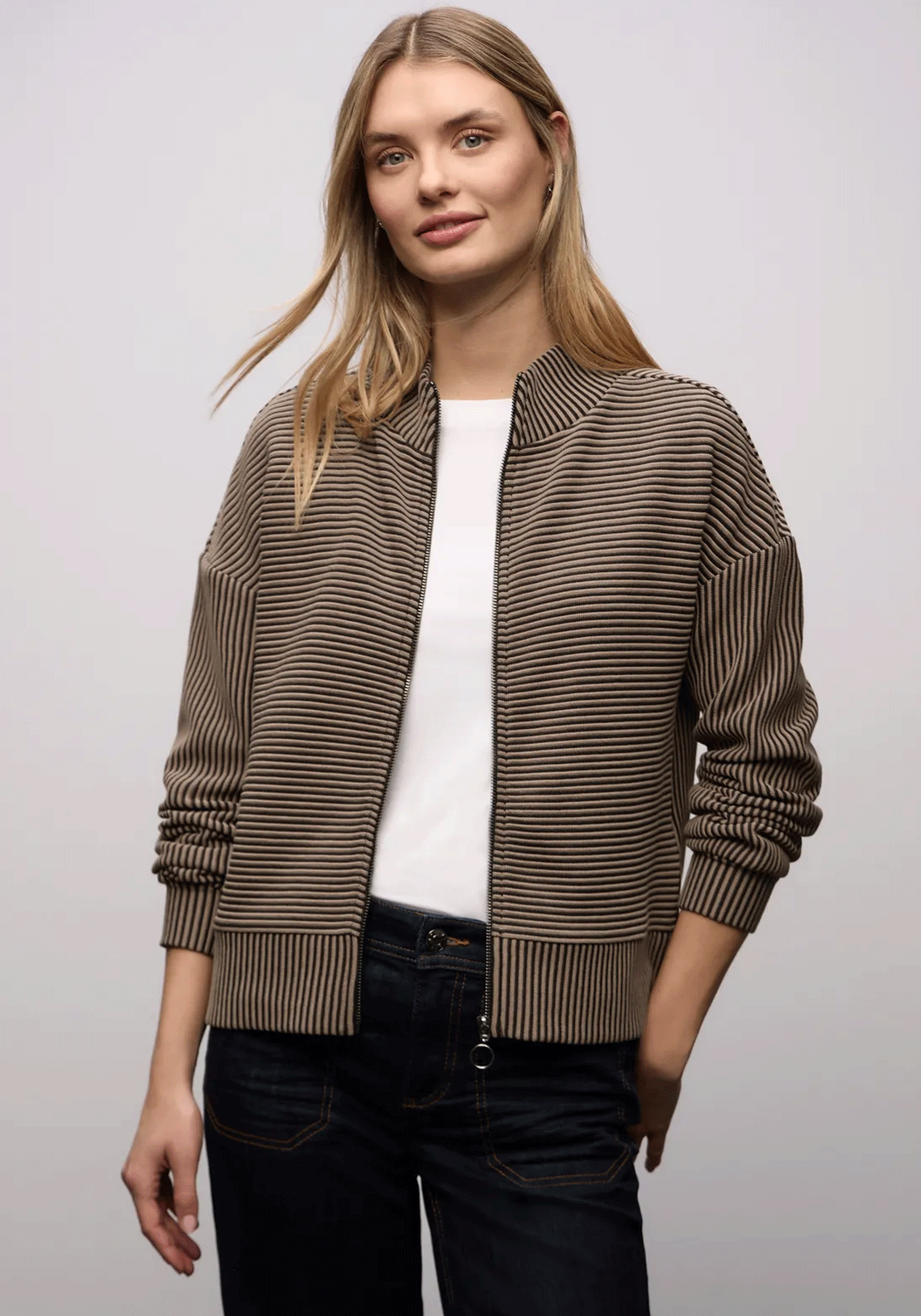 Street One Ribbed Knit Zip Jacket, Tan