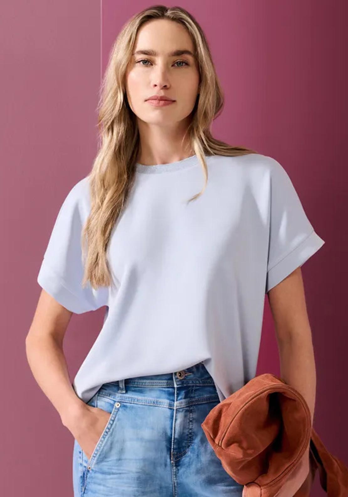 Street One Lurex Rib Neck T-Shirt, Light Blue