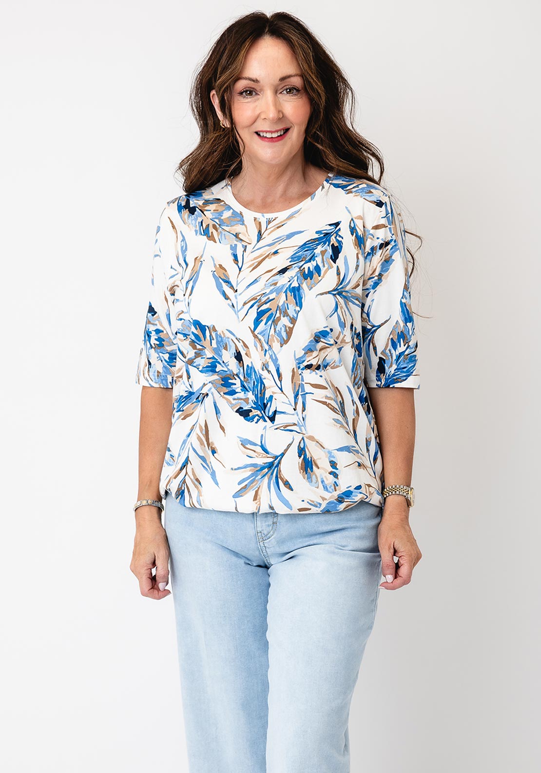 Sunday Leaf Print Top, White Multi