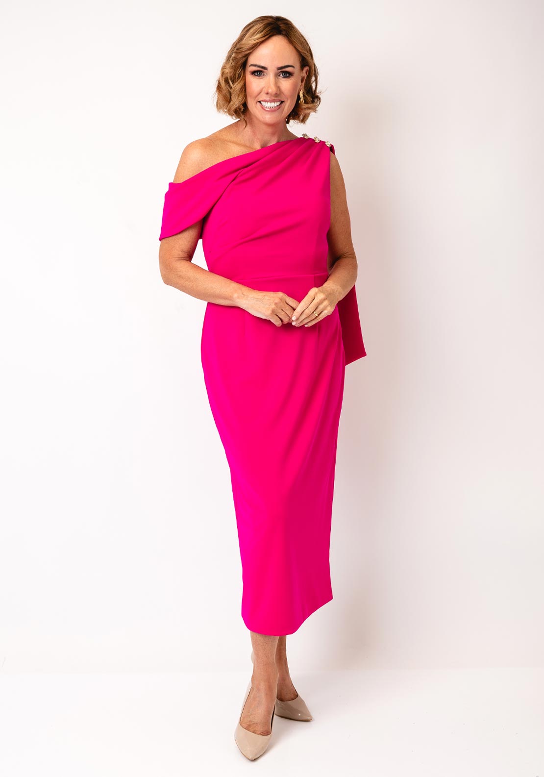 The 8th Sign Eleni Drape One Shoulder Midi Dress, Pink