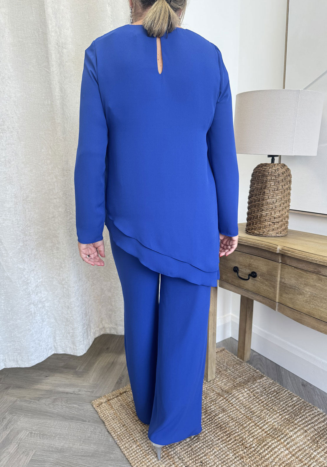 Casting Chiffon Asymmetric Top and Trousers Co Ord, Blue