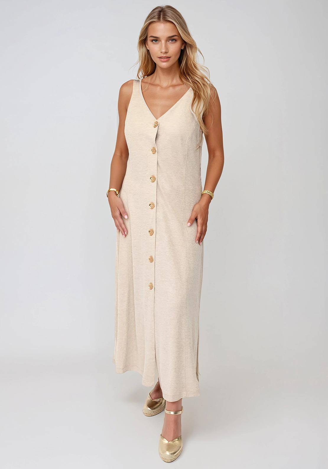 Tiffosi Shara Button Front Aline Dress, Beige