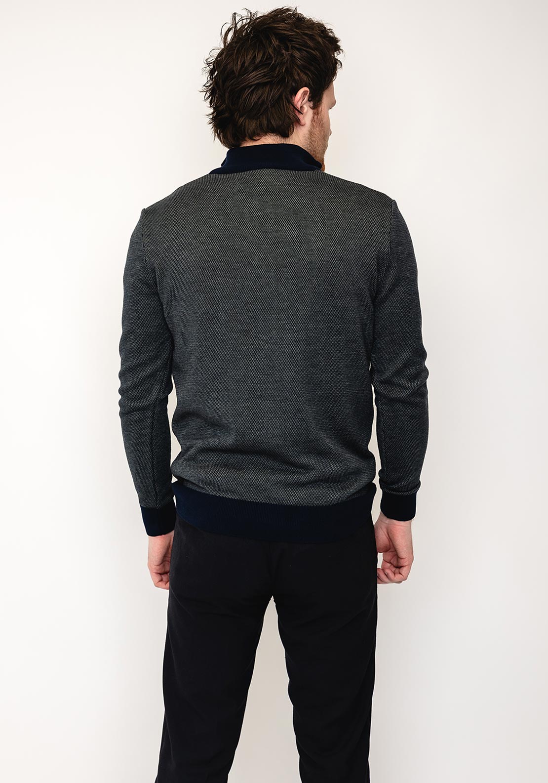 Tom Penn Birdeye Knit Quarter Zip Sweater, Olive & Navy