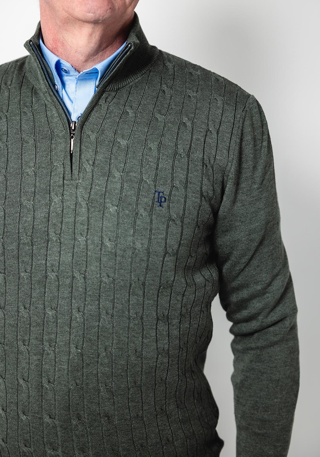 Tom Penn Cable Knit Quarter Zip Sweater, Olive