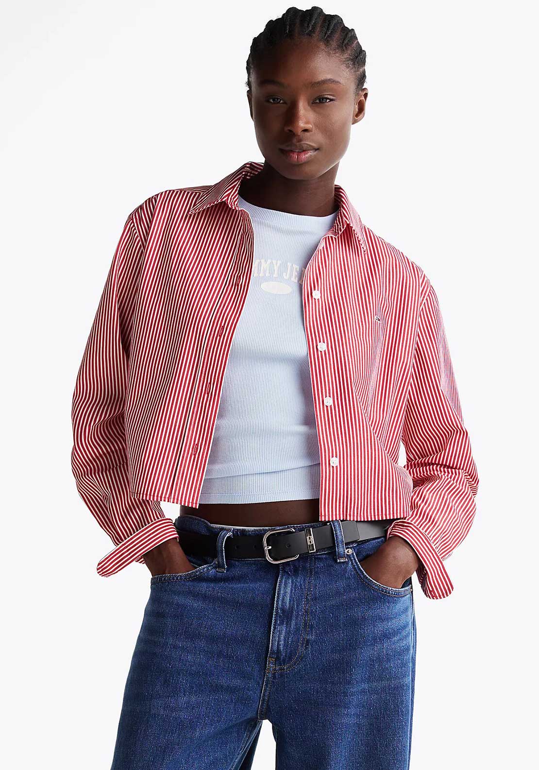 Tommy Hilfiger Striped Cropped Poplin Shirt, Red and White