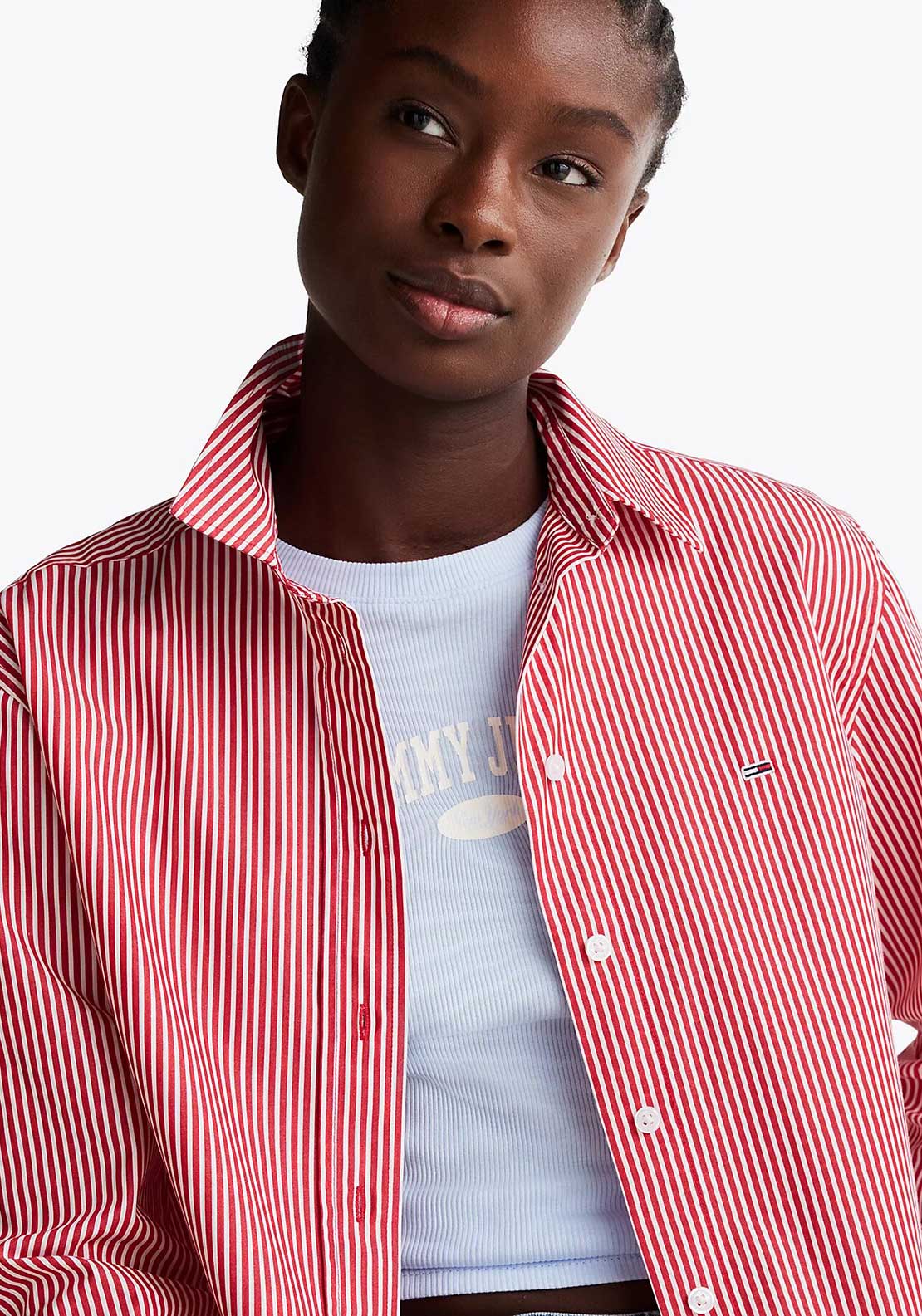 Tommy Hilfiger Striped Cropped Poplin Shirt, Red and White