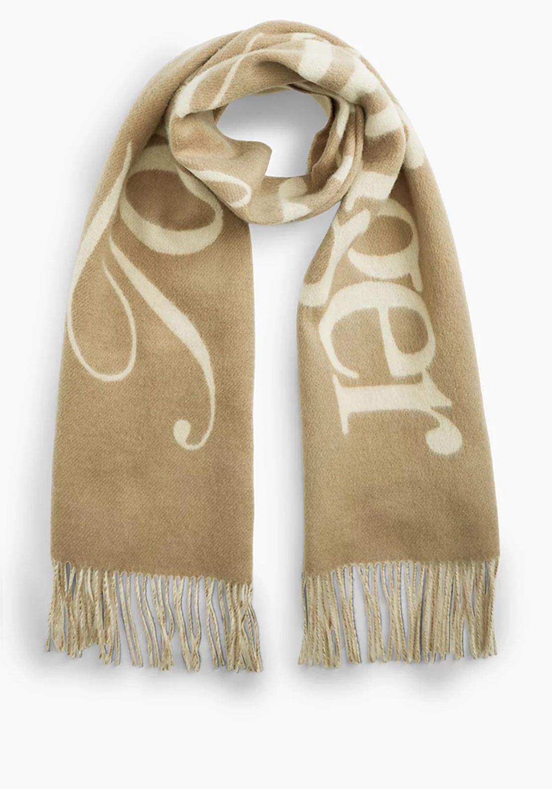 Tommy Hilfiger Wool Script Logo with Fringe Detail Scarf, Beige