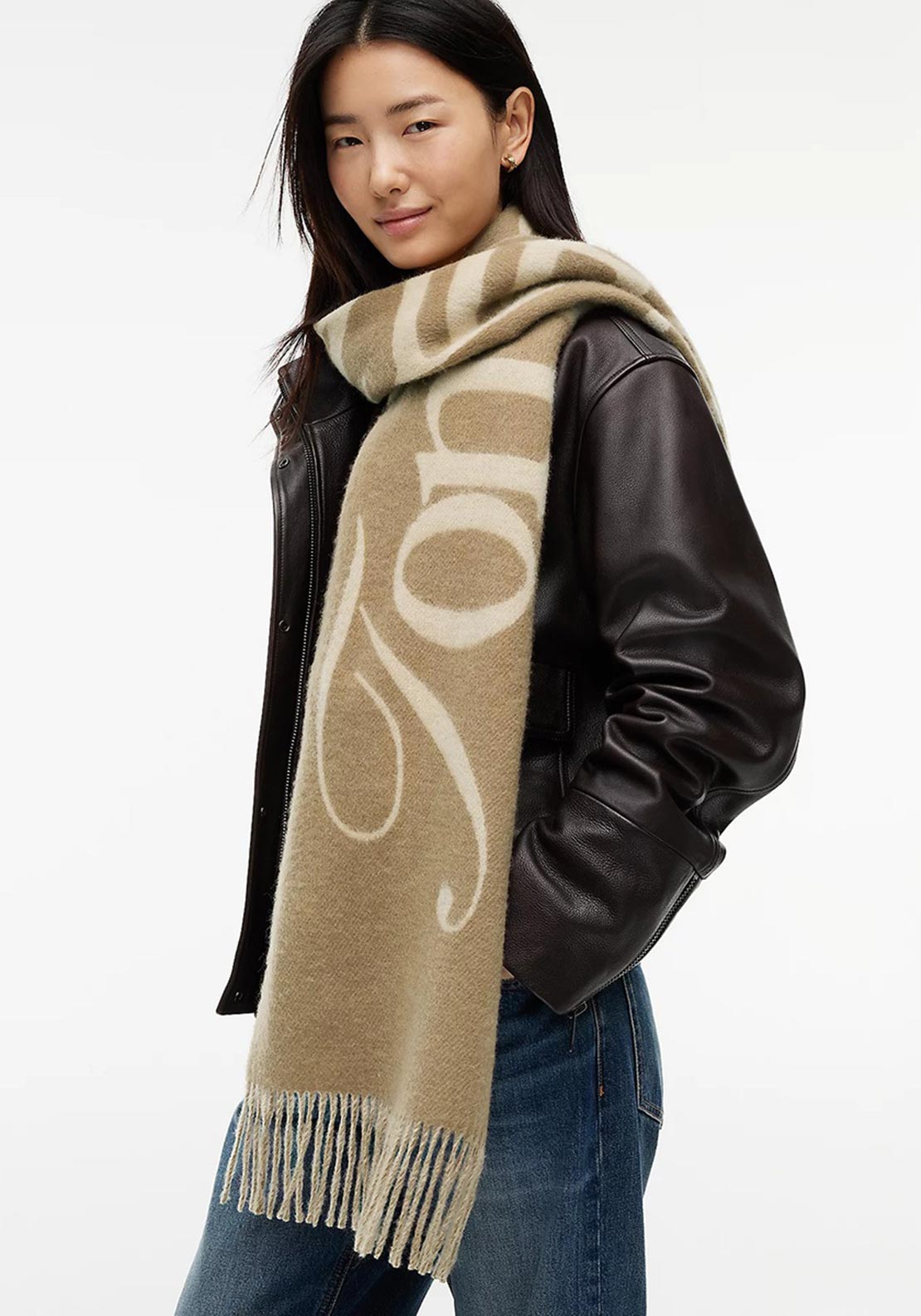 Tommy Hilfiger Wool Script Logo with Fringe Detail Scarf, Beige