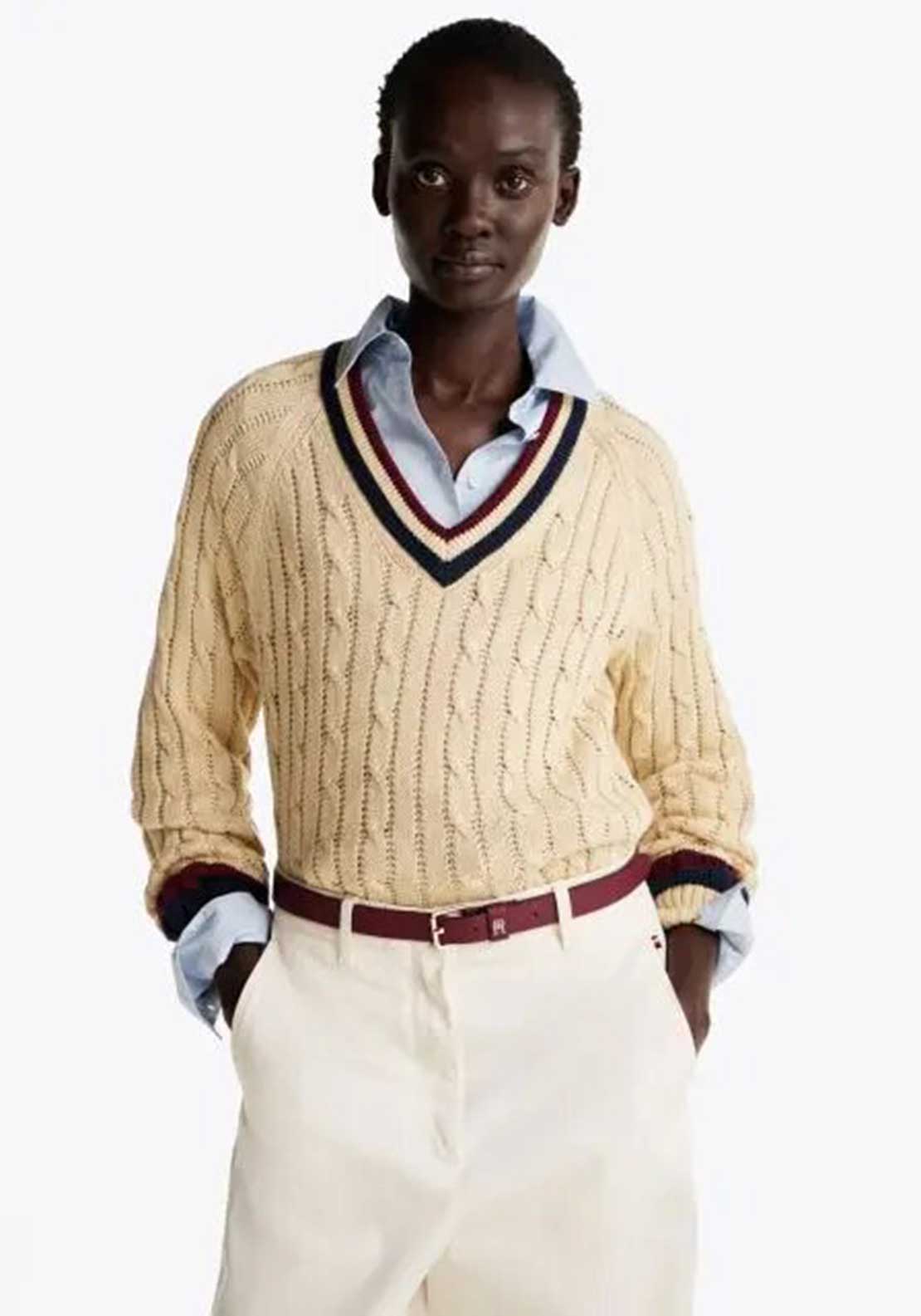 Tommy Hilfiger Womens Cable Knit V Neck Jumper, Beige