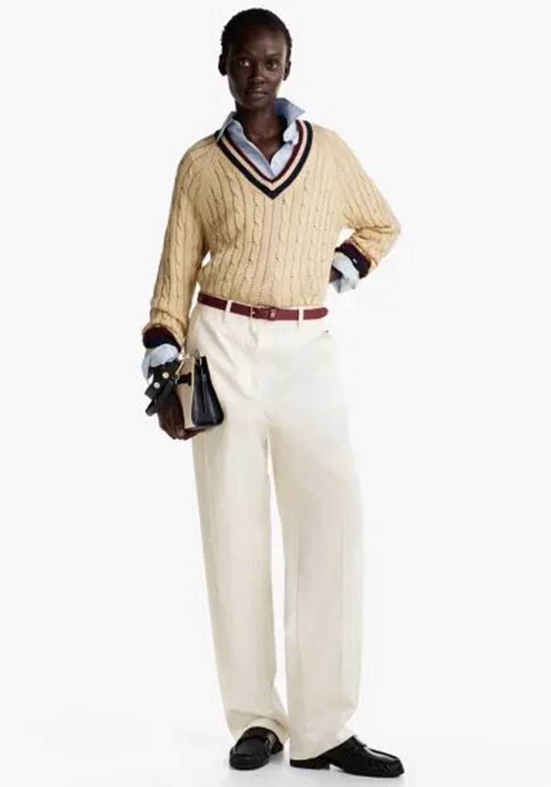 Tommy Hilfiger Womens Cable Knit V Neck Jumper, Beige