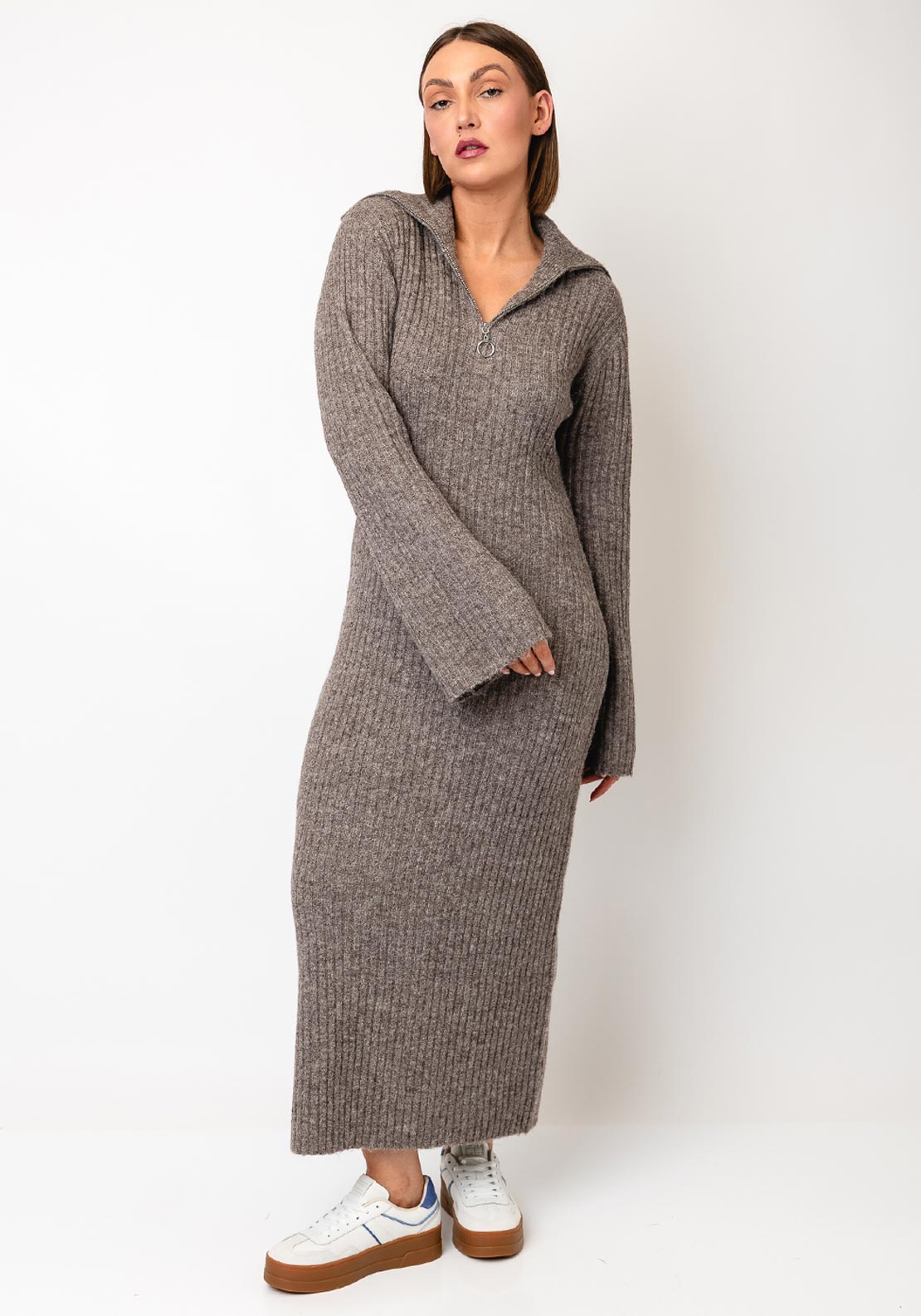 TOPSHOP Lolly Knitted Shirt Collar Midi Dress, Brown
