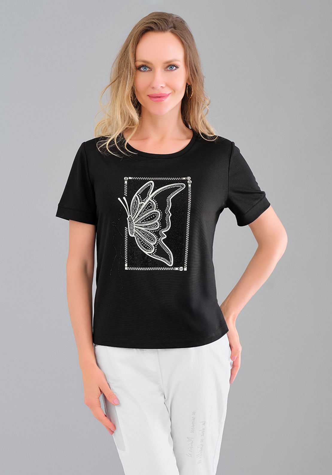 Tricotto Butterfly Rhinestone Detail T-Shirt, Black