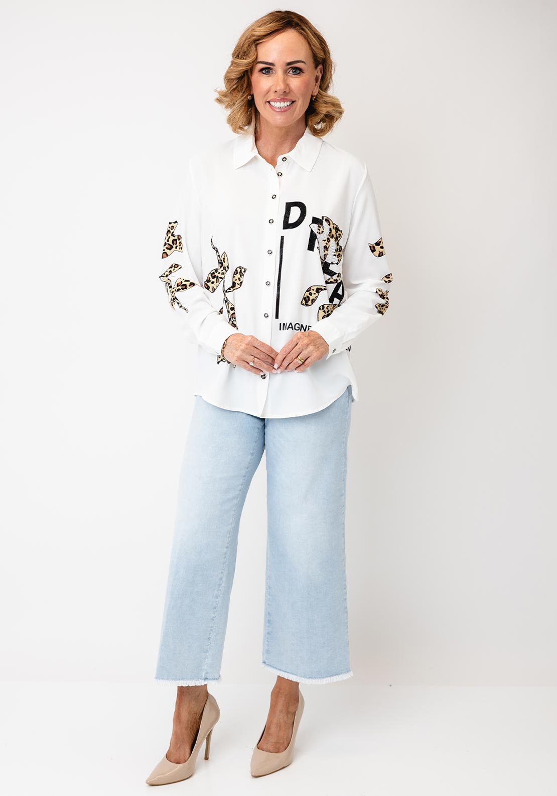 Tricotto Button-Down Animal Print Detail Shirt, White Multi