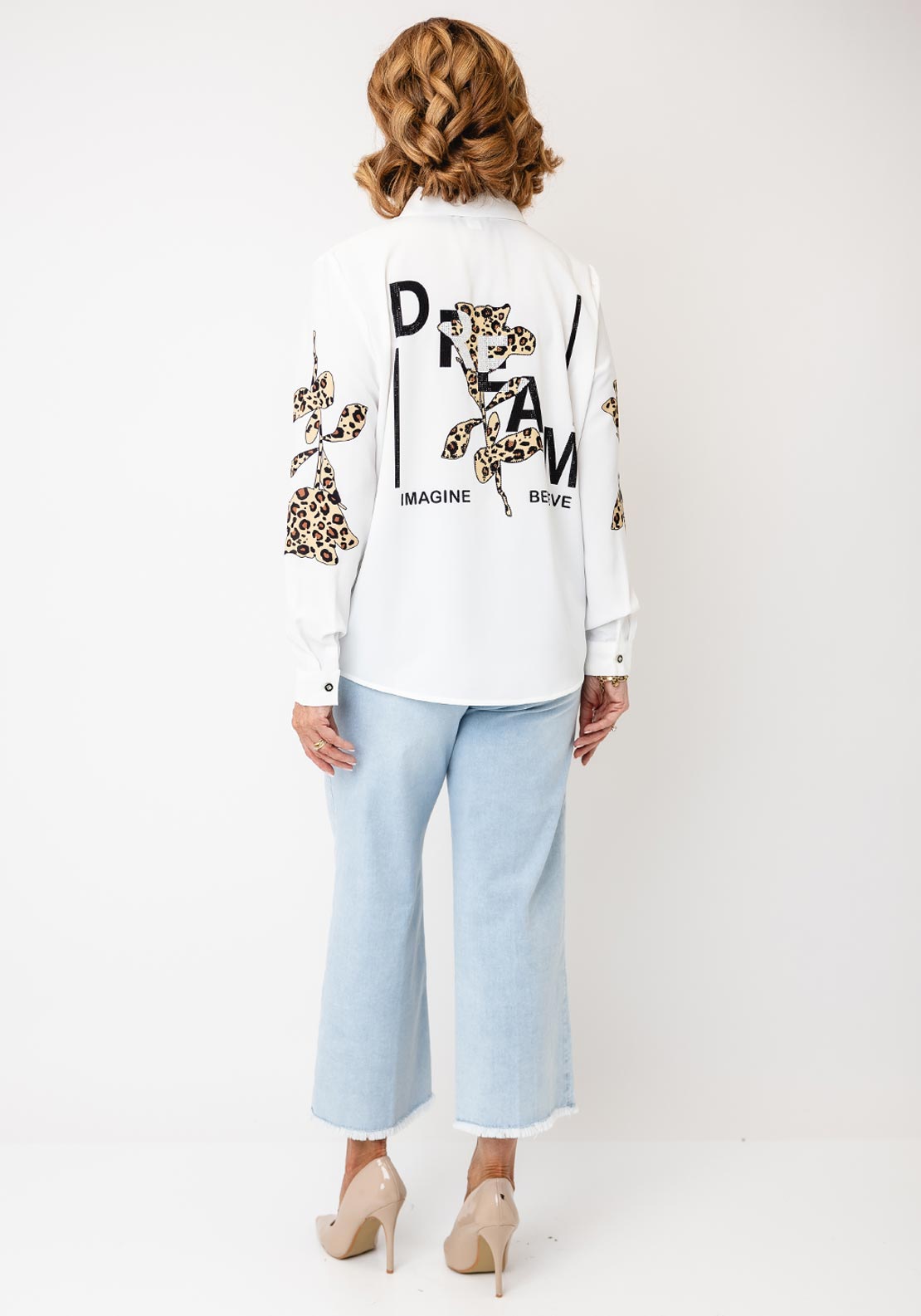 Tricotto Button-Down Animal Print Detail Shirt, White Multi