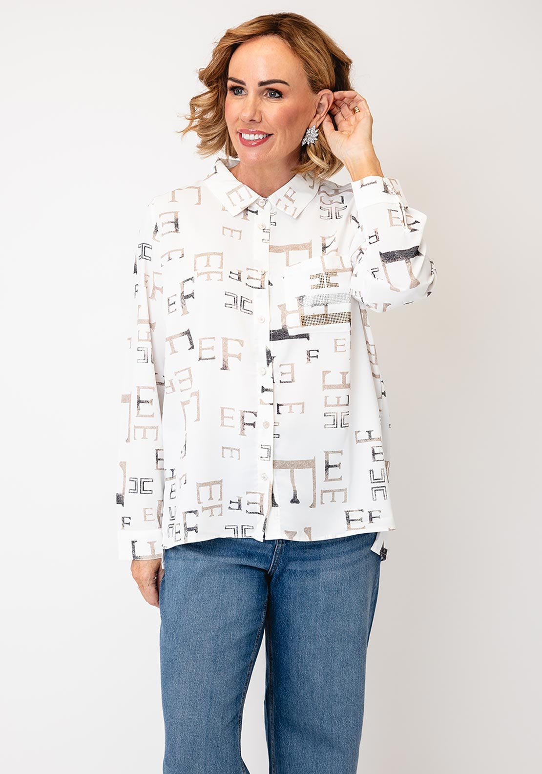 Tricotto Monogram Print Shirt, White Multi