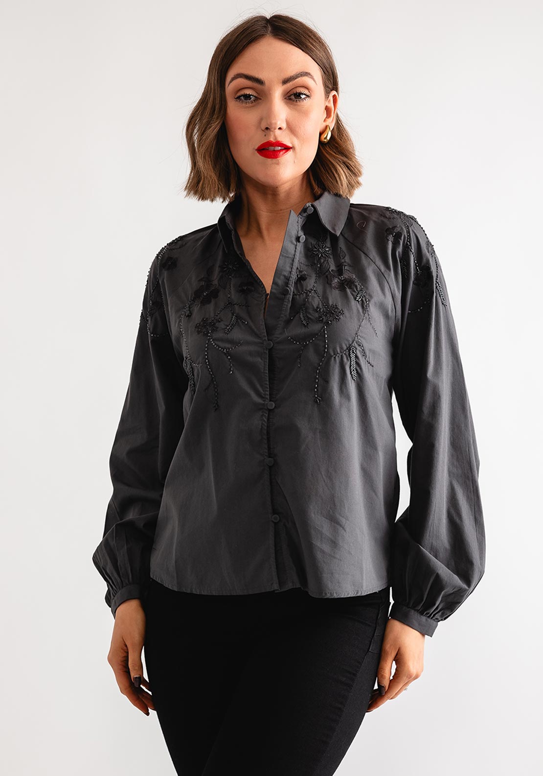 Vero Moda Christine Embroidered Shirt, Asphalt