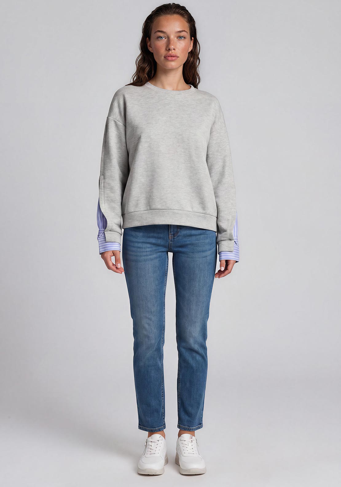 Vero Moda Morgan Round Neck with Shirt Detail Sleeves Sweatshirt, Grey