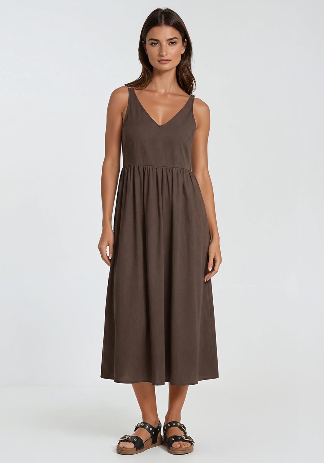 Vero Moda V-Neck A-Line Dress, Brown - McElhinneys