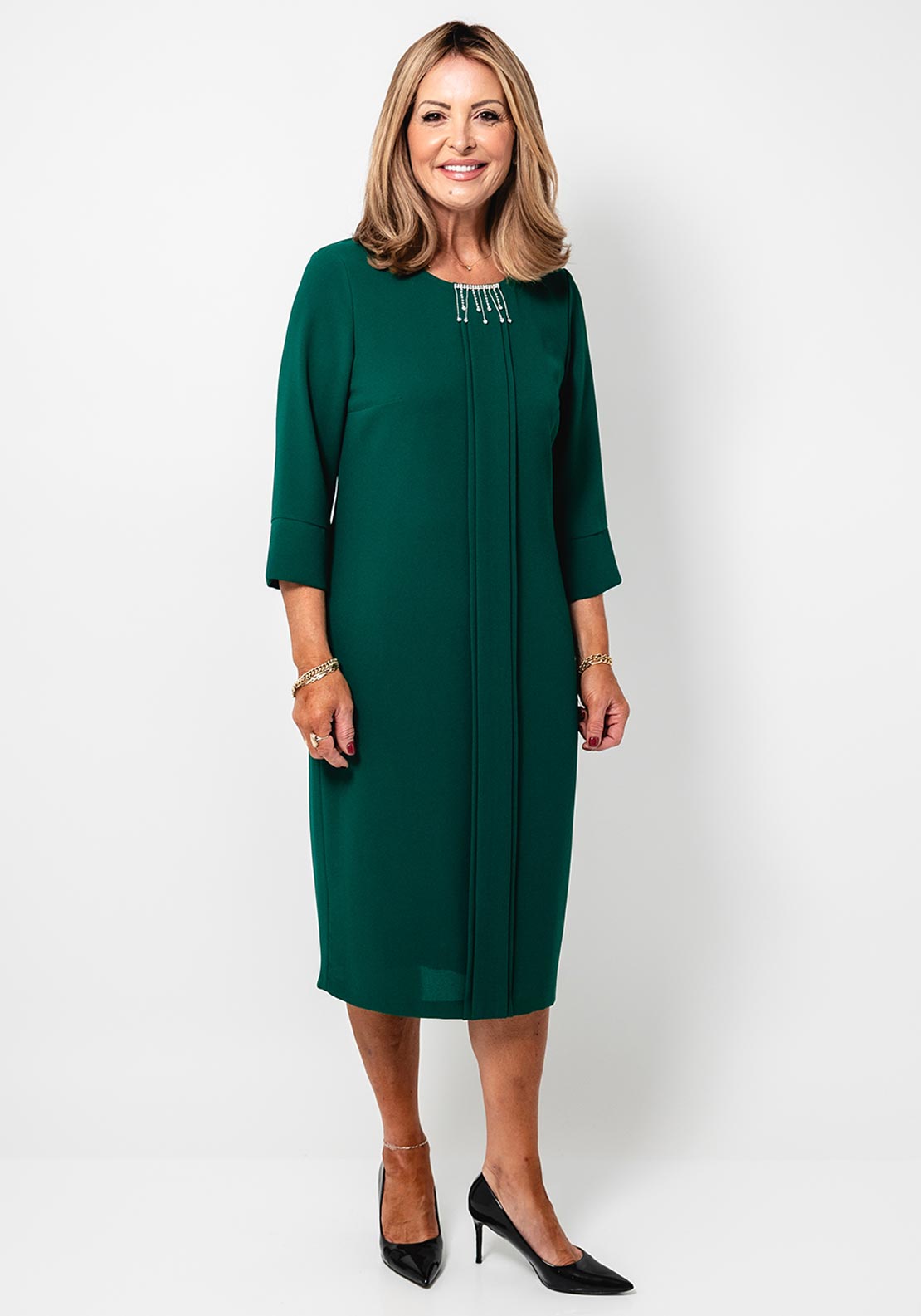 Via Veneto Liberty Embellished Neck Shift Dress, Forest Green - McElhinneys Via Veneto Liberty Embellished Neck Shift Dress, Forest Green - McElhinneys