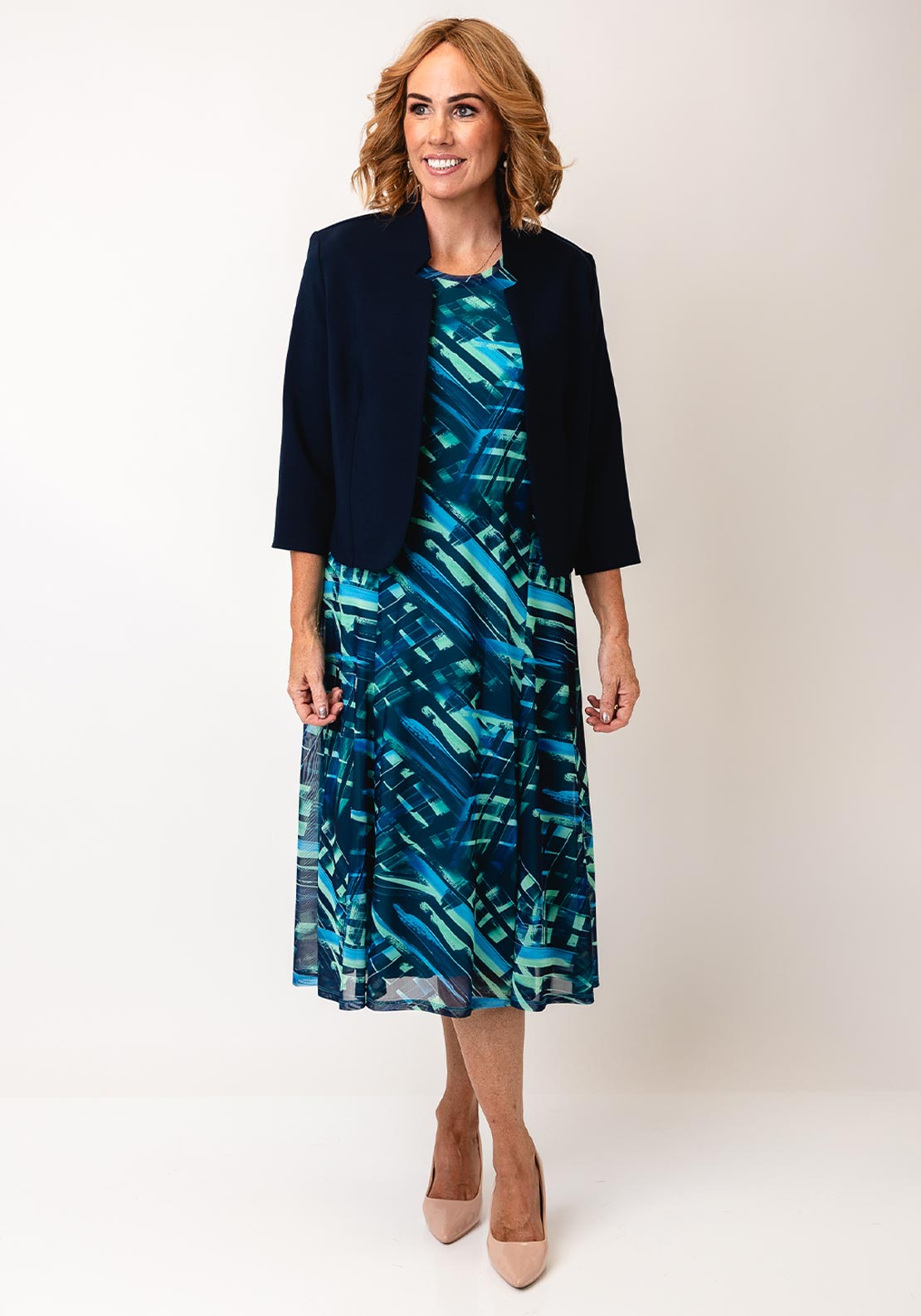 Via Veneto Green Abstract A-Line Dress & Bolero Set, Green - McElhinneys