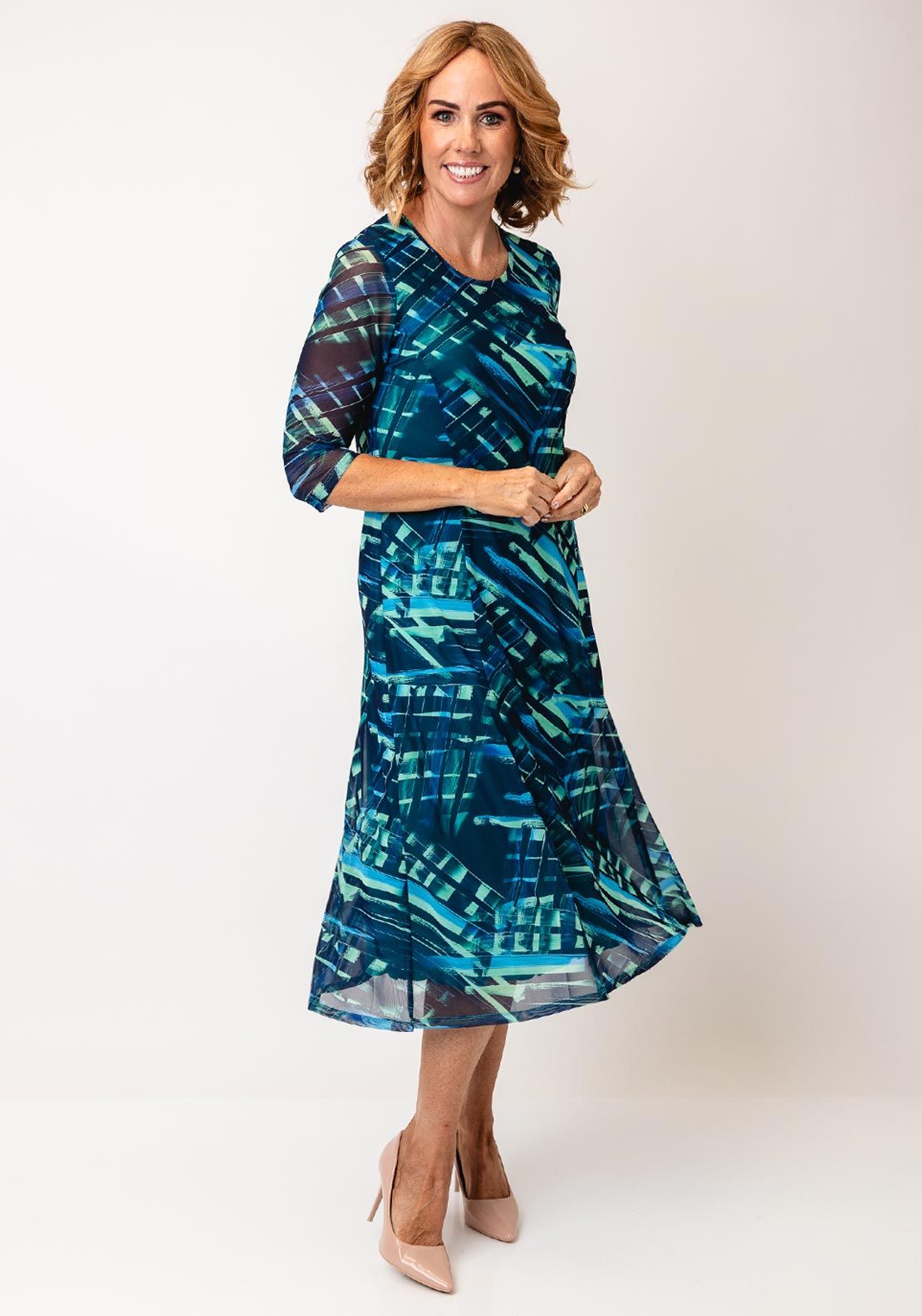 Via Veneto Green Abstract A-Line Dress & Bolero Set, Green
