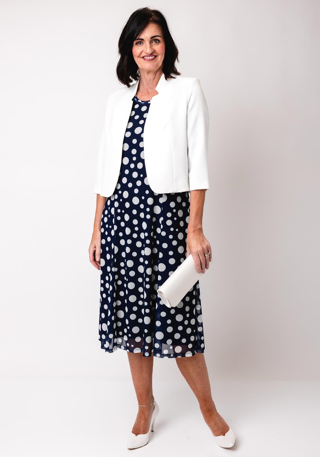 Via Veneto Polka Dot Dress and Bolero Set, Navy and White