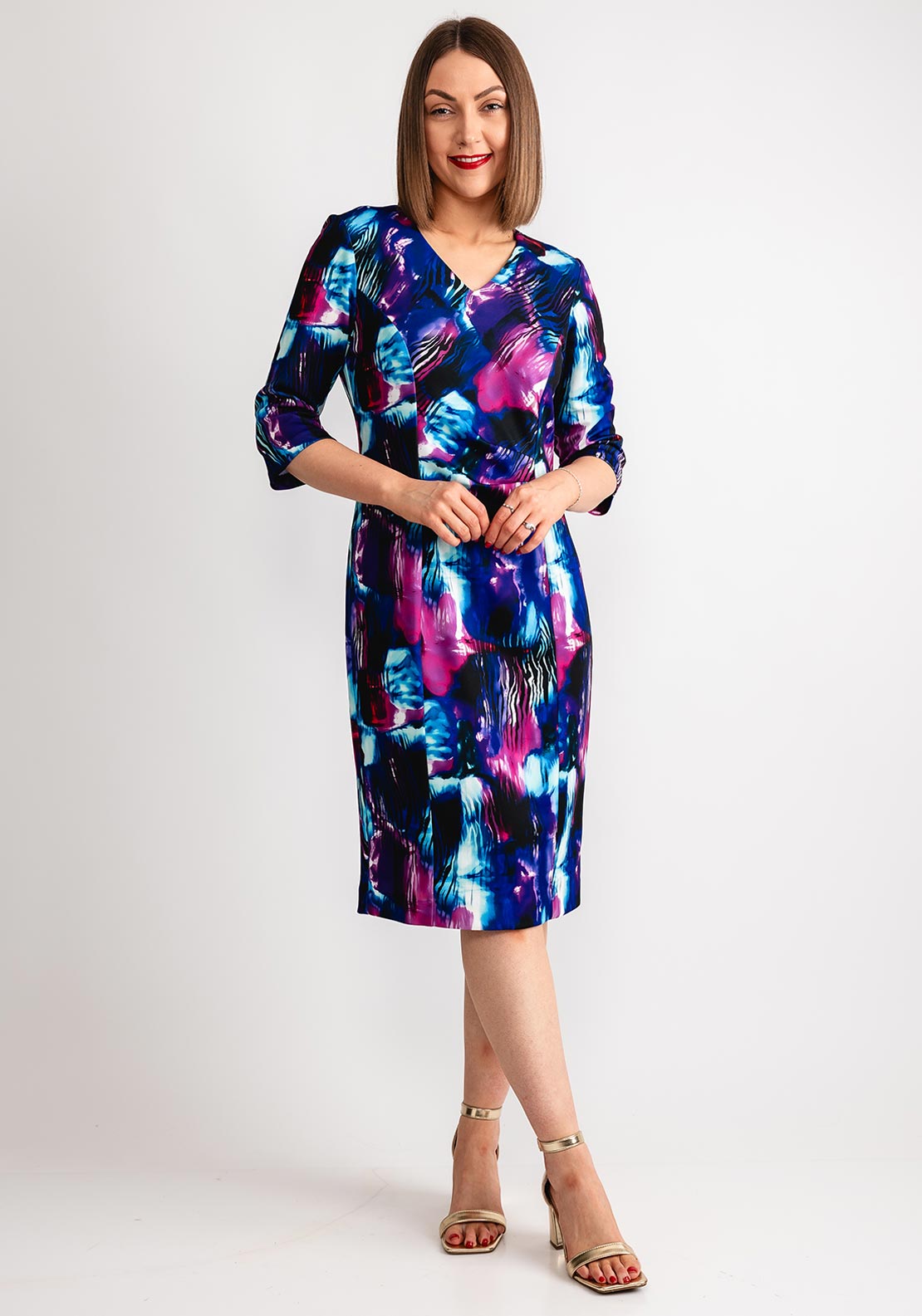 Via Veneto Printed Ruched Knee Length Pencil Dress, Purple Multi - McElhinneys Via Veneto Printed Ruched Knee Length Pencil Dress, Purple Multi - McElhinneys