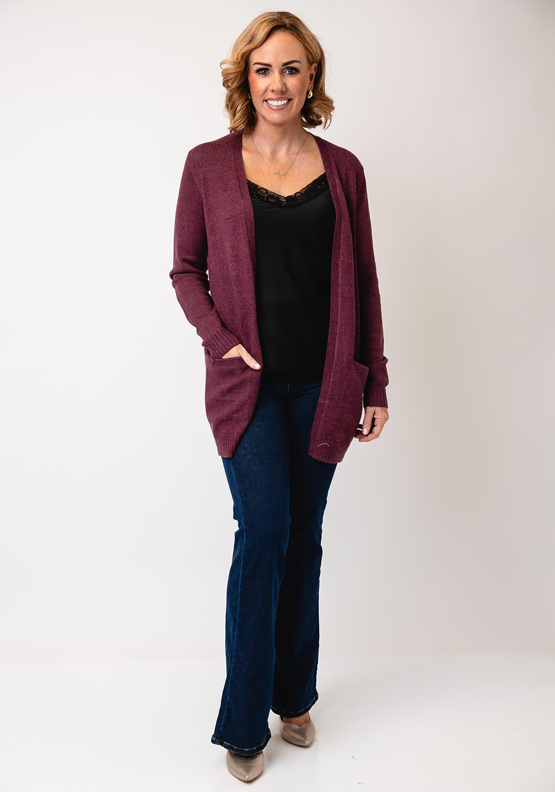 Vila Ril Long Open Knit Cardigan, Wine - Main Image