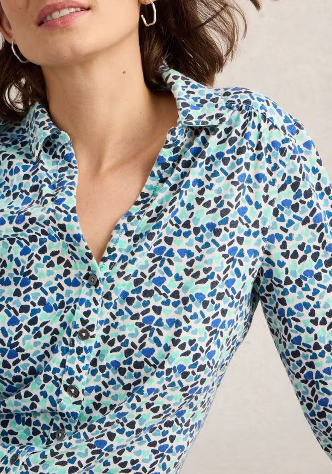 White Stuff Annie Heart Print Jersey Shirt, Blue