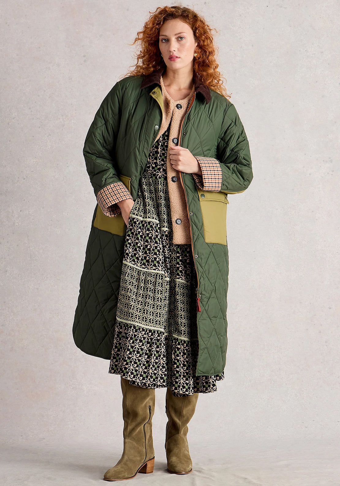 White Stuff Stella Longline Quilted Coat, Green