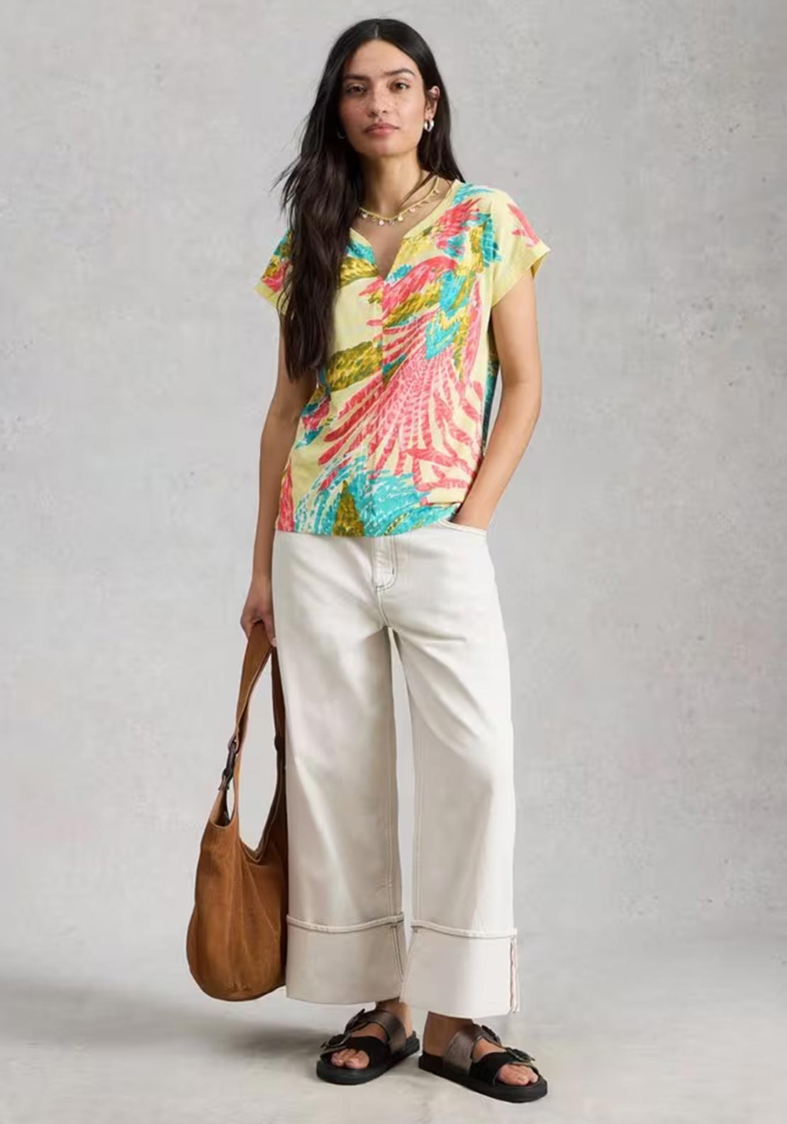 White Stuff Nelly Print Notch Neck T-Shirt, Yellow Multi