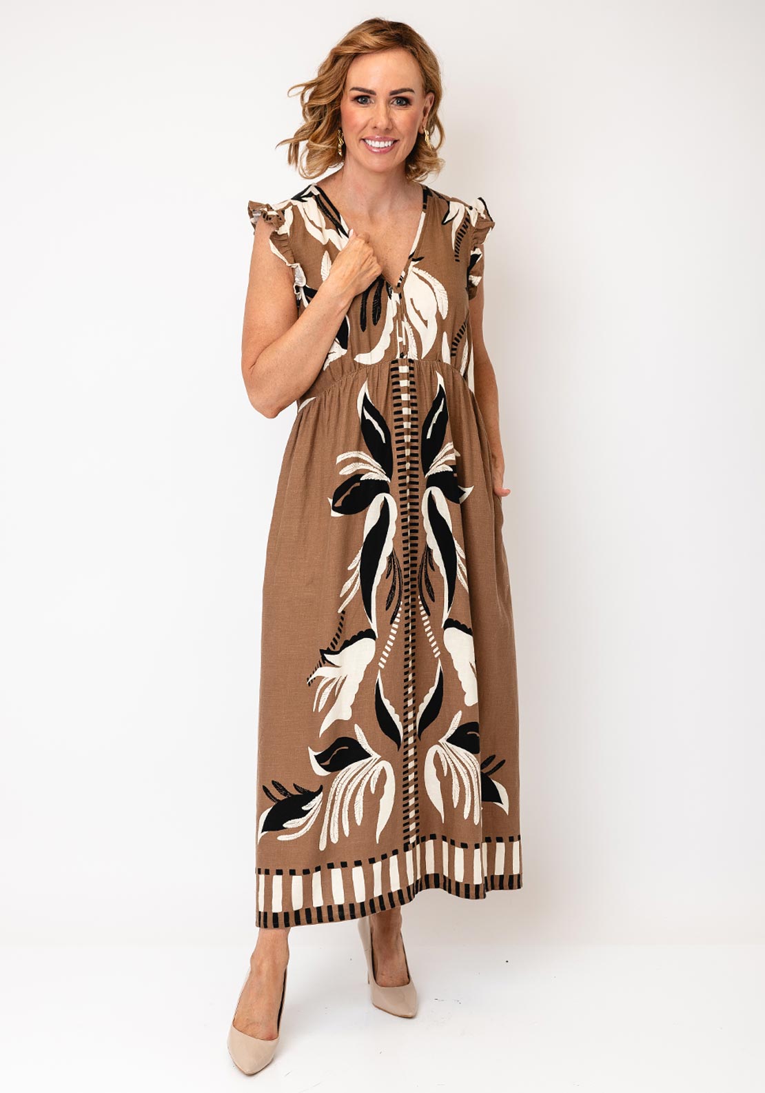 White Stuff Lorna Linen Blend Maxi Dress, Brown - McElhinneys