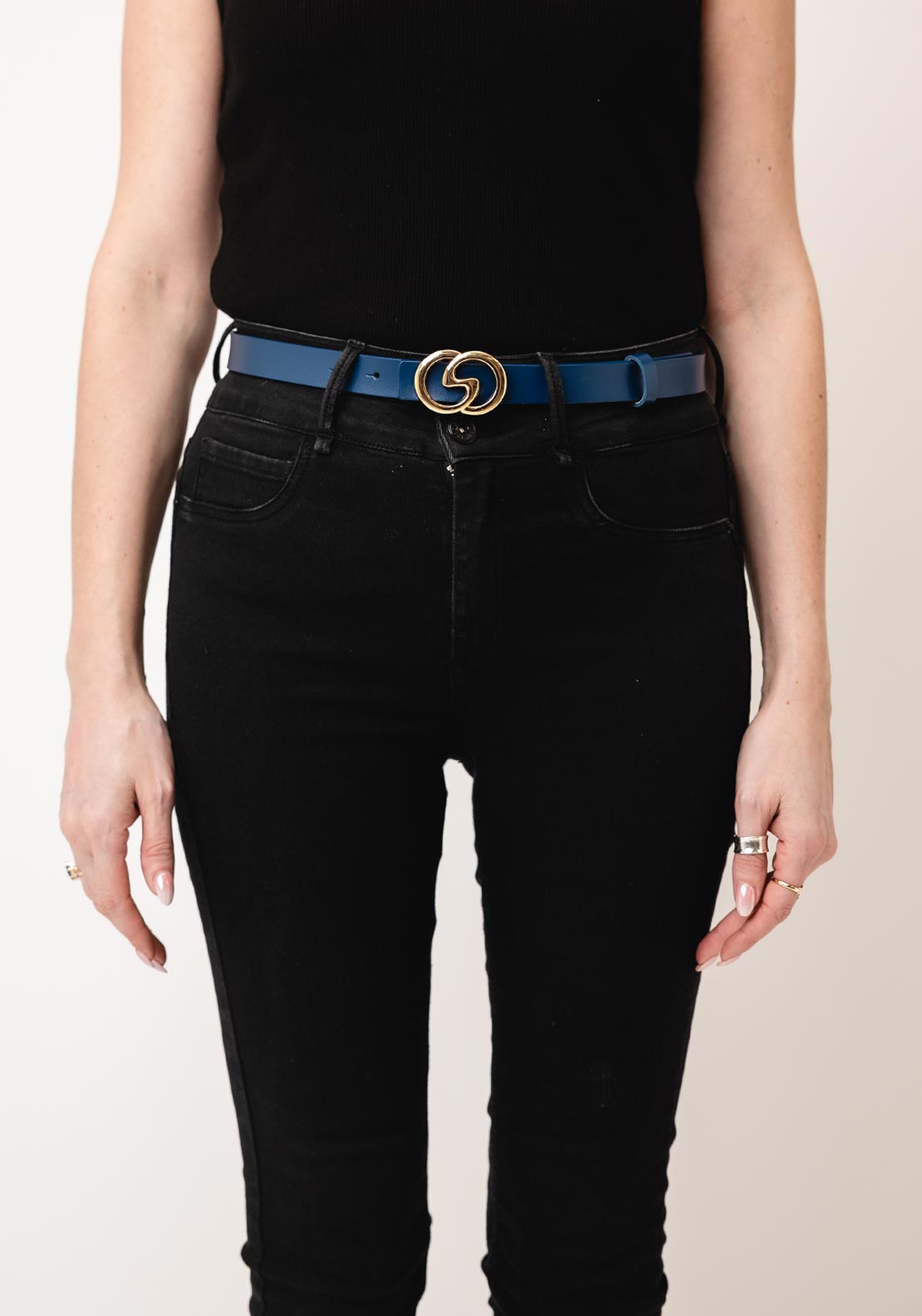 Serafina Collection Leather Plain with Buckle Detail Belt, Navy