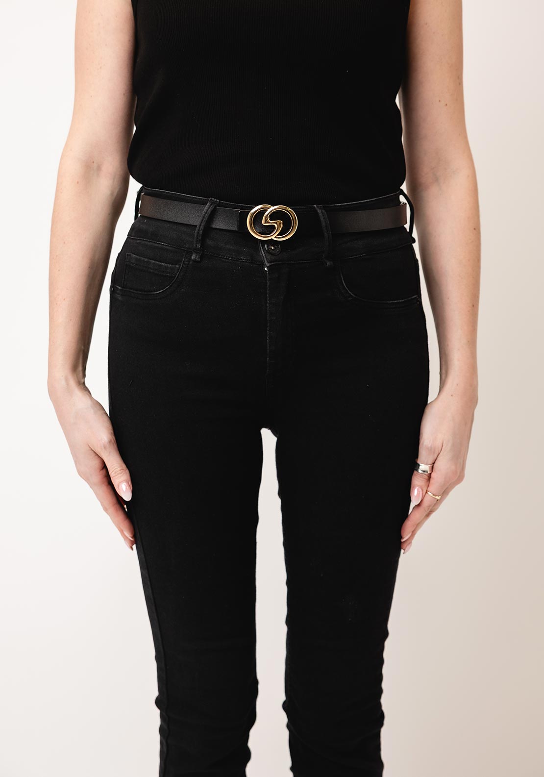 Serafina Collection Leather Gold Detail Belt, Black