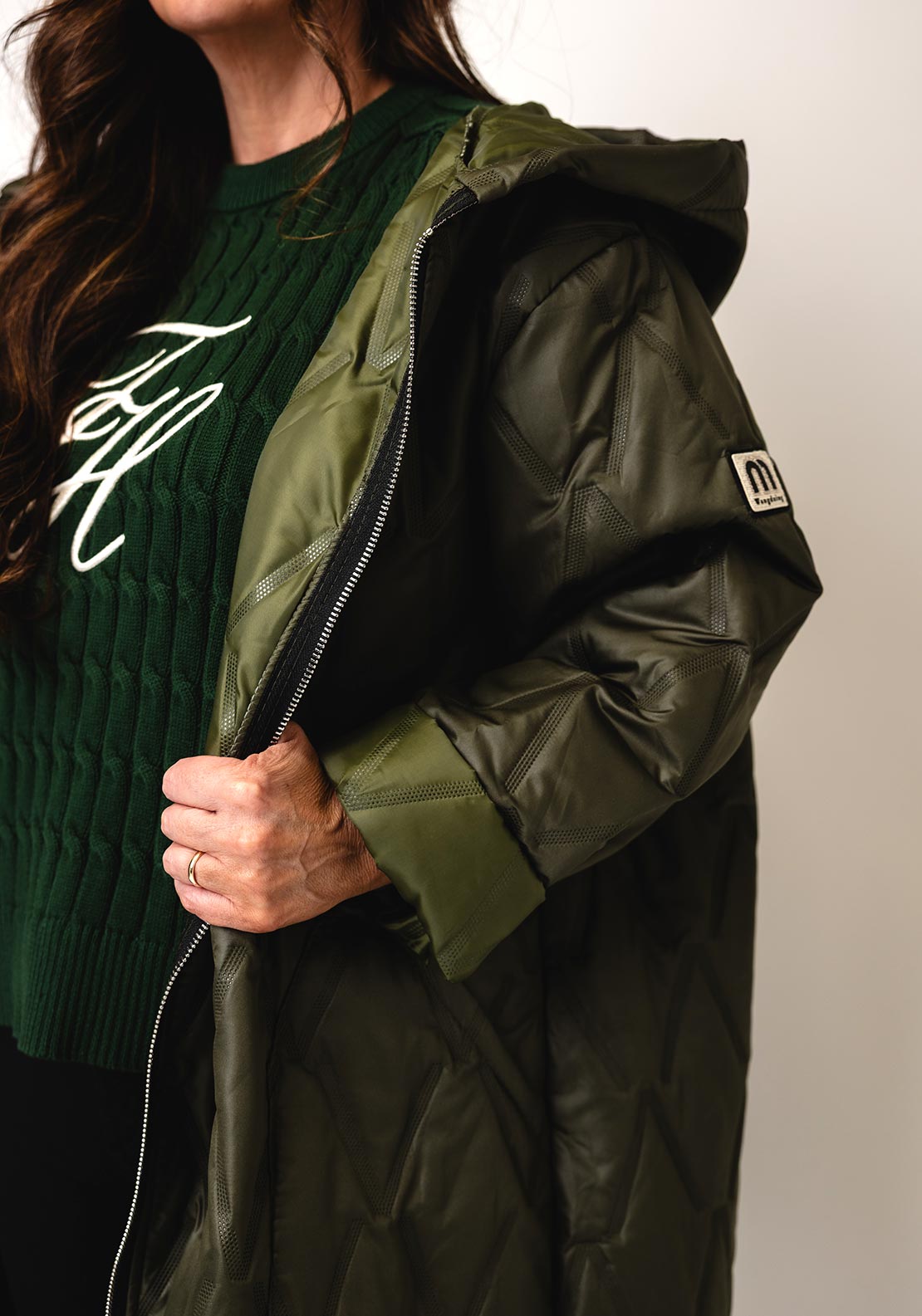 Serafina Collection One Size Embossed Hooded Coat, Green