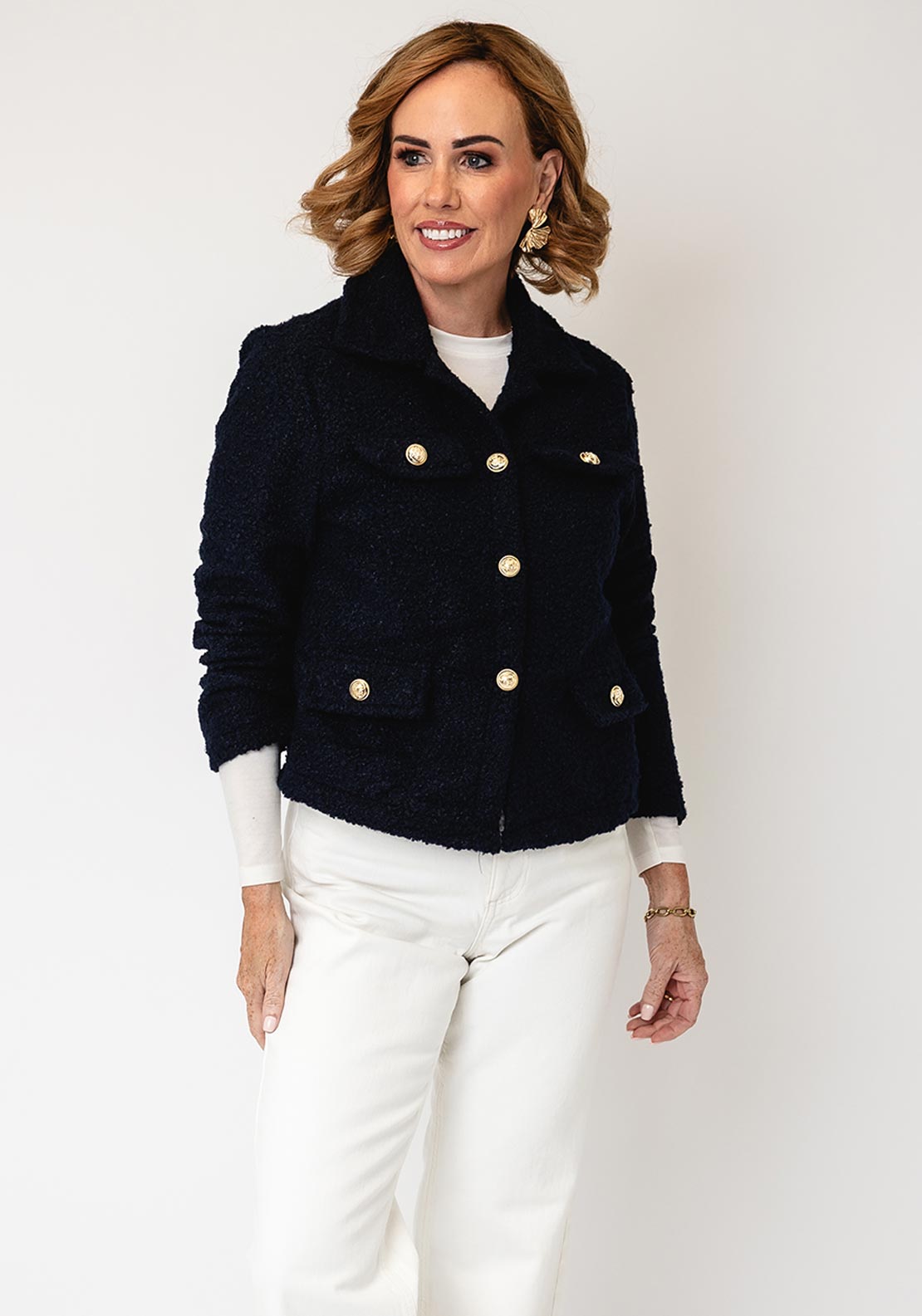 Serafina Collection Textured Button Up Jacket, Navy