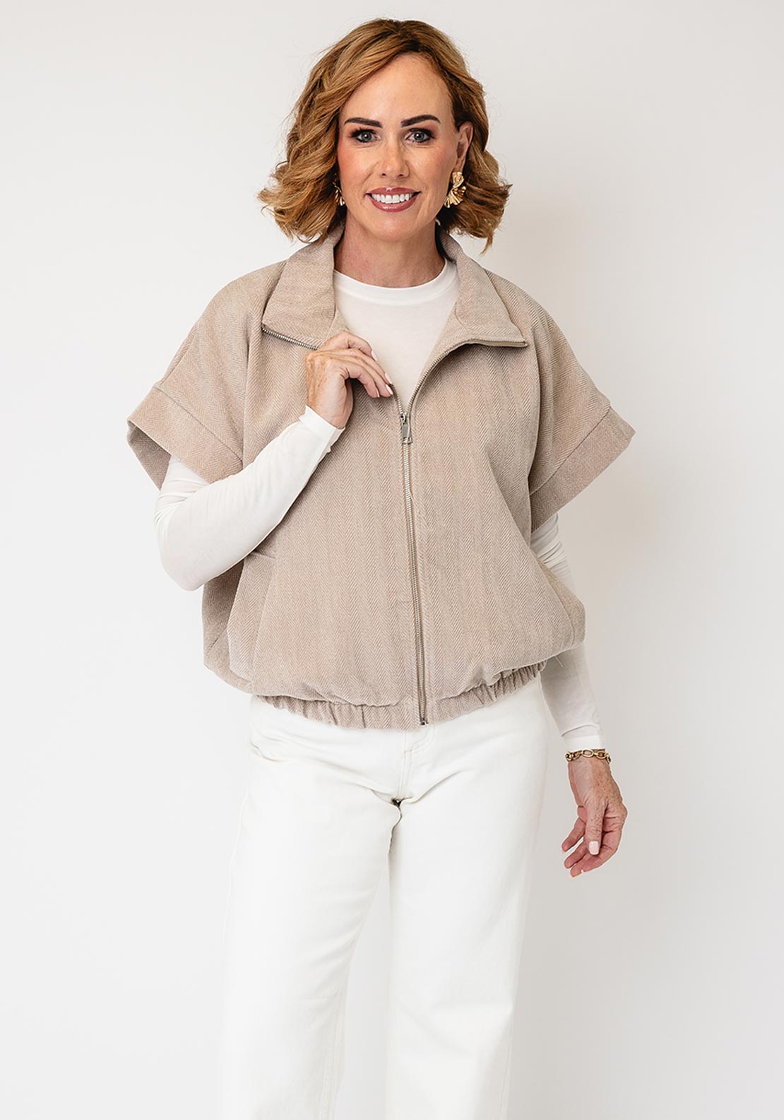 Serafina Collection Capped Sleeve Bubble Hem Jacket, Beige