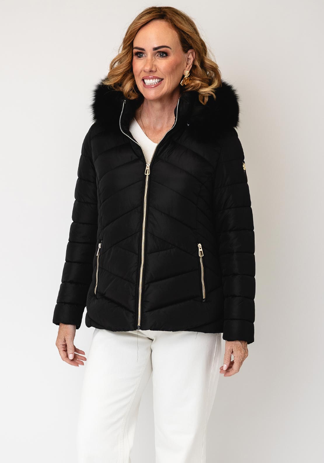 Serafina Collection Faux Fur Hood Puffer Coat, Black