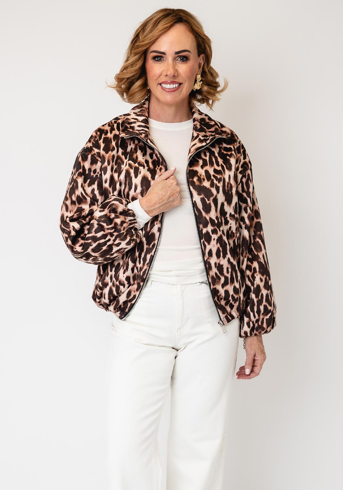 Serafina Collection Leopard Print Zip Up Jacket, Beige Multi