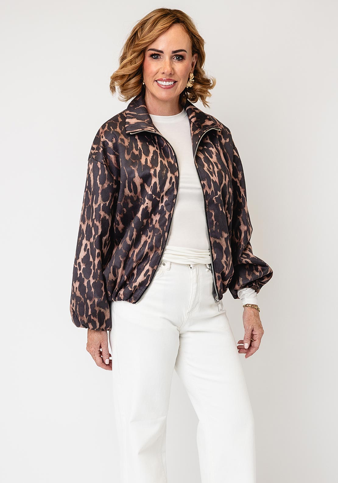 Serafina Collection Leopard Print Zip Up Jacket, Brown Multi