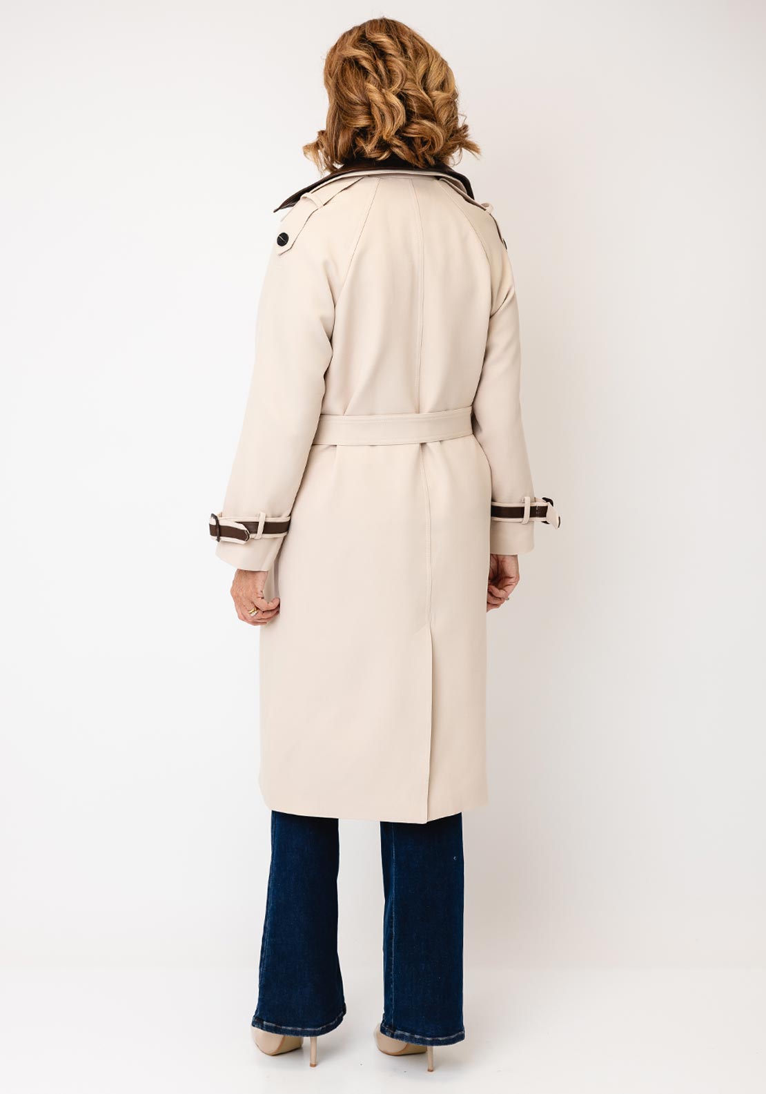 Serafina Collection Faux Leather Detail Trench Coat, Beige