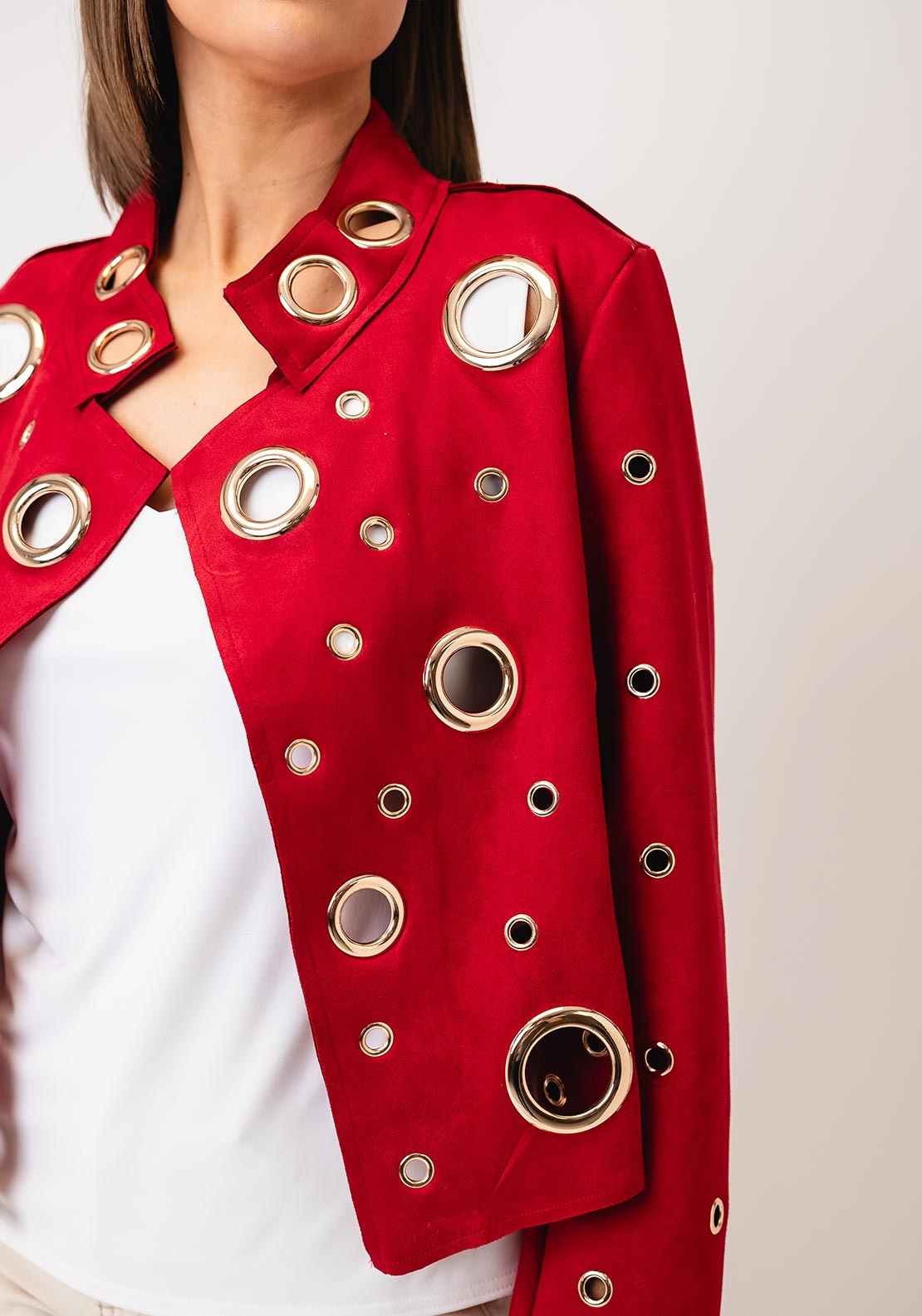 Serafina Cropped Assorted Grommet Detail Jacket, Red